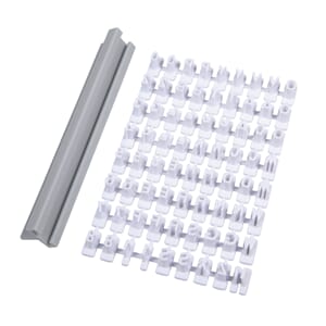 Bokstavstempel for leire, str 5-6 mm høyde, sett m/skinne