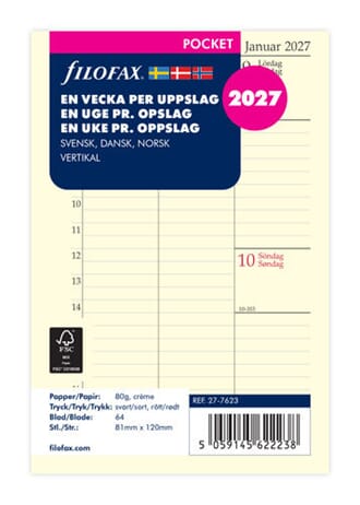 Filofax - Refill En uke pr oppslag, vertikal, POCKET 2027