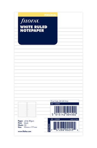 Filofax - Personal White Ruled Notepaper Refill, 30 ark