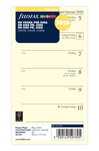 Filofax - Refill Personal 2026 Uke pr side