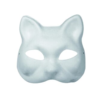 Maske i hvit papp - Katt 18x17cm, med strikk