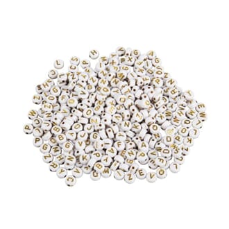 Bokstav perler - Hvit med gull skrift, disk, 40 gram