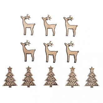 Tredekor - Juletrær & hjort, str 3x4.5 cm, 10 stk