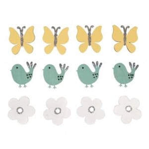 Tredekor - Fugl, blomst & sommerfugl, str 3-3,5 cm, 12/Pkg