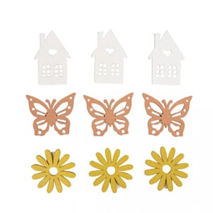 Tredekor - Hus, blomst & sommerfugl, str 3,4-4,5 cm, 9 stk