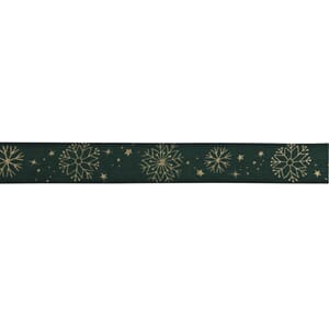 Dekorbånd - Grønt m/snøfnugg, bredde 25 mm