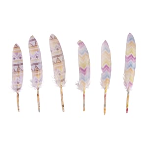 Dekorfjær - Rosa & GUL mønstret, 10 cm, 6 stk