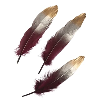 Dekorfjær - Vinrød, gull & sølv, 15-20 cm, 3 stk