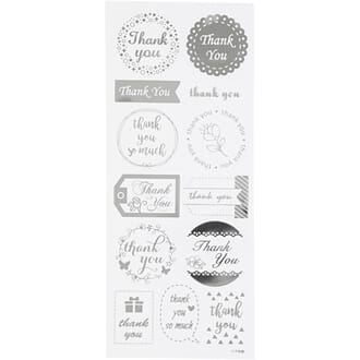Stickers - Thank you, sølv, str 10x24 cm, 1 ark