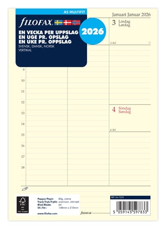 Filofax - Refill Dagbok En Uke på to sider, Vertikal, 2026